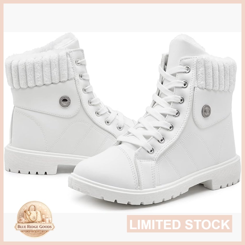 Fuzzy Lace Up Ankle Combat Boots Winter Snow Boots Block Heel Casual